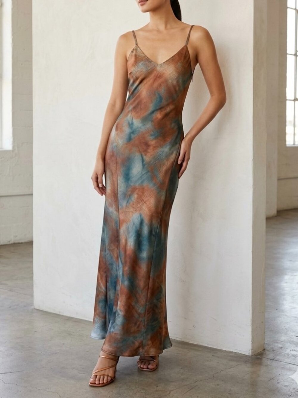 Commense Abstract Print Satin-Like Maxi Slip Dress-Cutout Back Size XS Bodycon